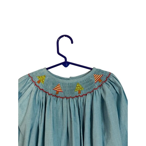 Lolly Wolly Doodle Girls Blue Long-Sleeve Christmas Tree Smocked Dress size 7 - Picture 3 of 7